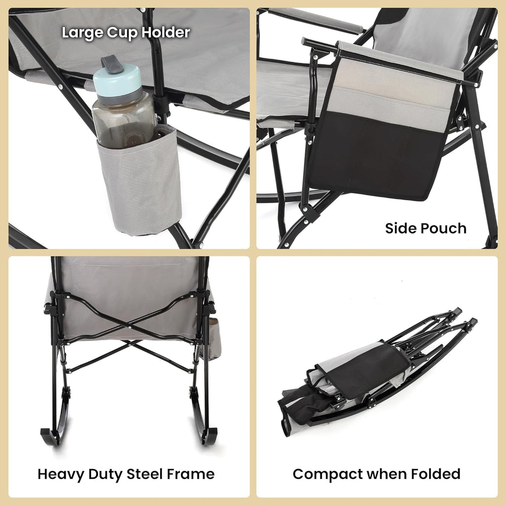 ARROWHEAD OUTDOOR Foldable Rocking Camp Chair with Large Cup Holder, Side Pocket, Space-Saving Folding, Enhanced Swinging Rocker for Camping, Fishing, Patio