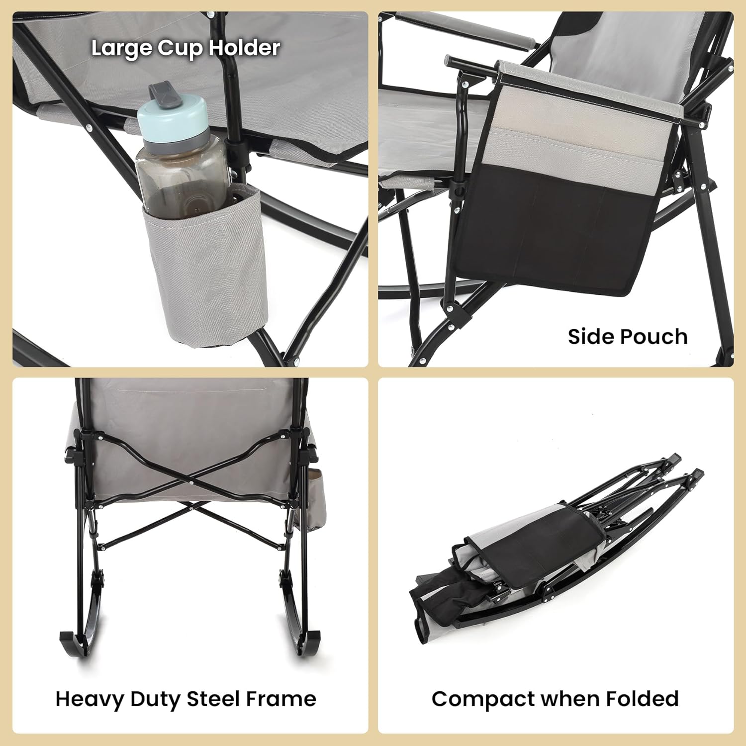 ARROWHEAD OUTDOOR Foldable Rocking Camp Chair with Large Cup Holder, Side Pocket, Space-Saving Folding, Enhanced Swinging Rocker for Camping, Fishing, Patio