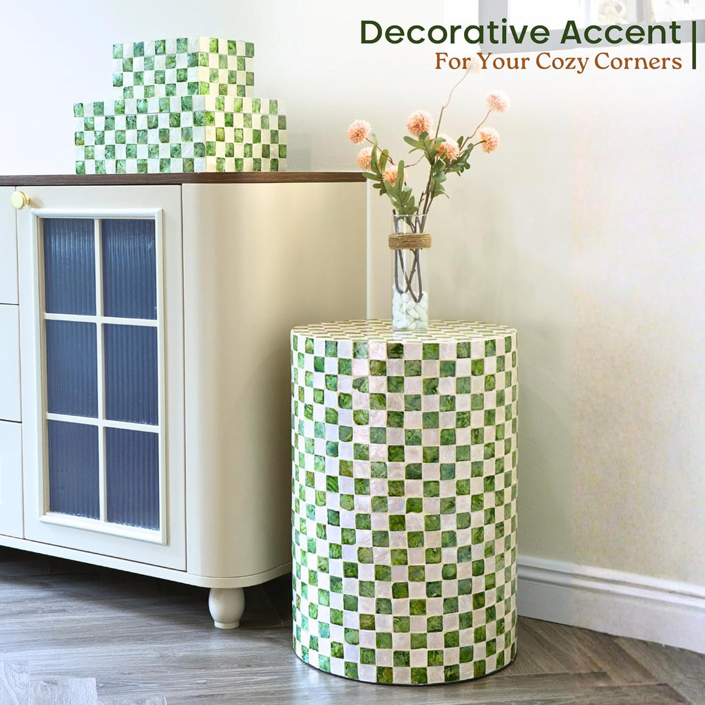 Chi An Home Pistachio Green 19.3" Checkered Capiz Shell Drum Side Table, Indoor Outdoor Round Accent Stool for Bedroom Living Room