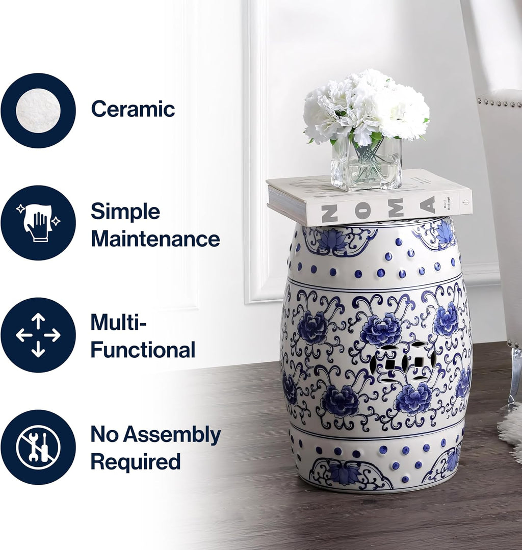 JONATHAN Y Lotus Flower 17.75" Chinoiserie Ceramic Drum Indoor/Outdoor Garden Stool, Traditional Floral Side Table, Plant Stand for Patio, Living Room, Blue/White TBL1000A