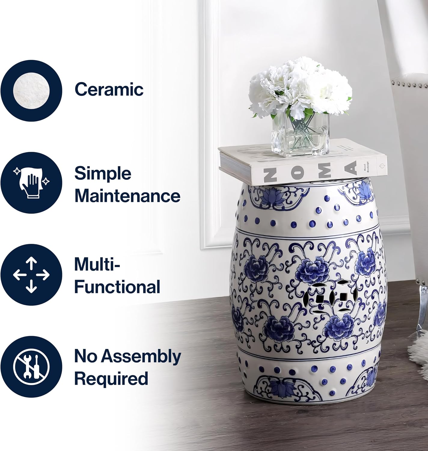JONATHAN Y Lotus Flower 17.75" Chinoiserie Ceramic Drum Indoor/Outdoor Garden Stool, Traditional Floral Side Table, Plant Stand for Patio, Living Room, Blue/White TBL1000A