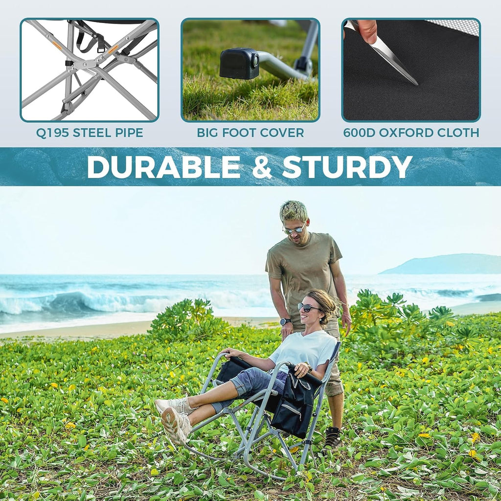 FUNDANGO Rocking Camping Chair, Set of 2, Portable Foldable Camping Chair, Oversized Camp Chair with Padded Back and seat, Cooler Bag for Adults Outdoor Travel