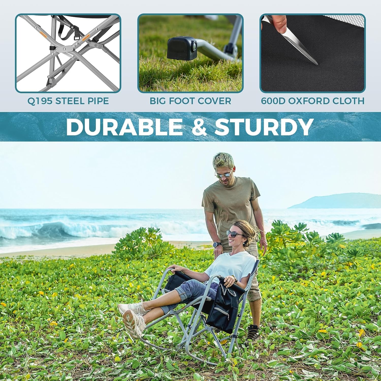 FUNDANGO Rocking Camping Chair, Set of 2, Portable Foldable Camping Chair, Oversized Camp Chair with Padded Back and seat, Cooler Bag for Adults Outdoor Travel