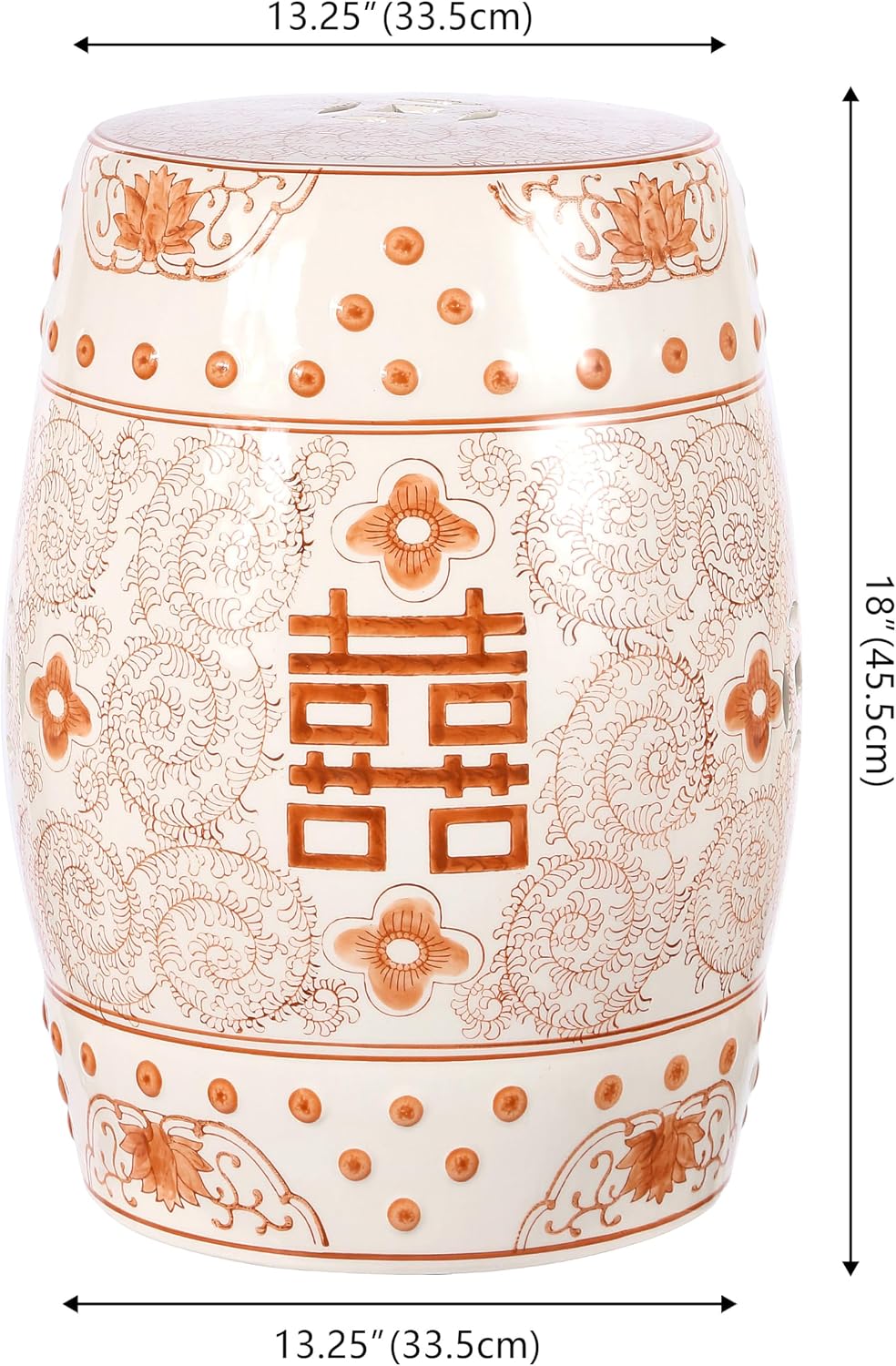 JONATHAN Y Double Happiness 18" Ceramic Garden Stool, Traditional Chinoiserie Orange and White Indoor/Outdoor Patio Drum Accent Side Table and Plant Stand TBL1013D