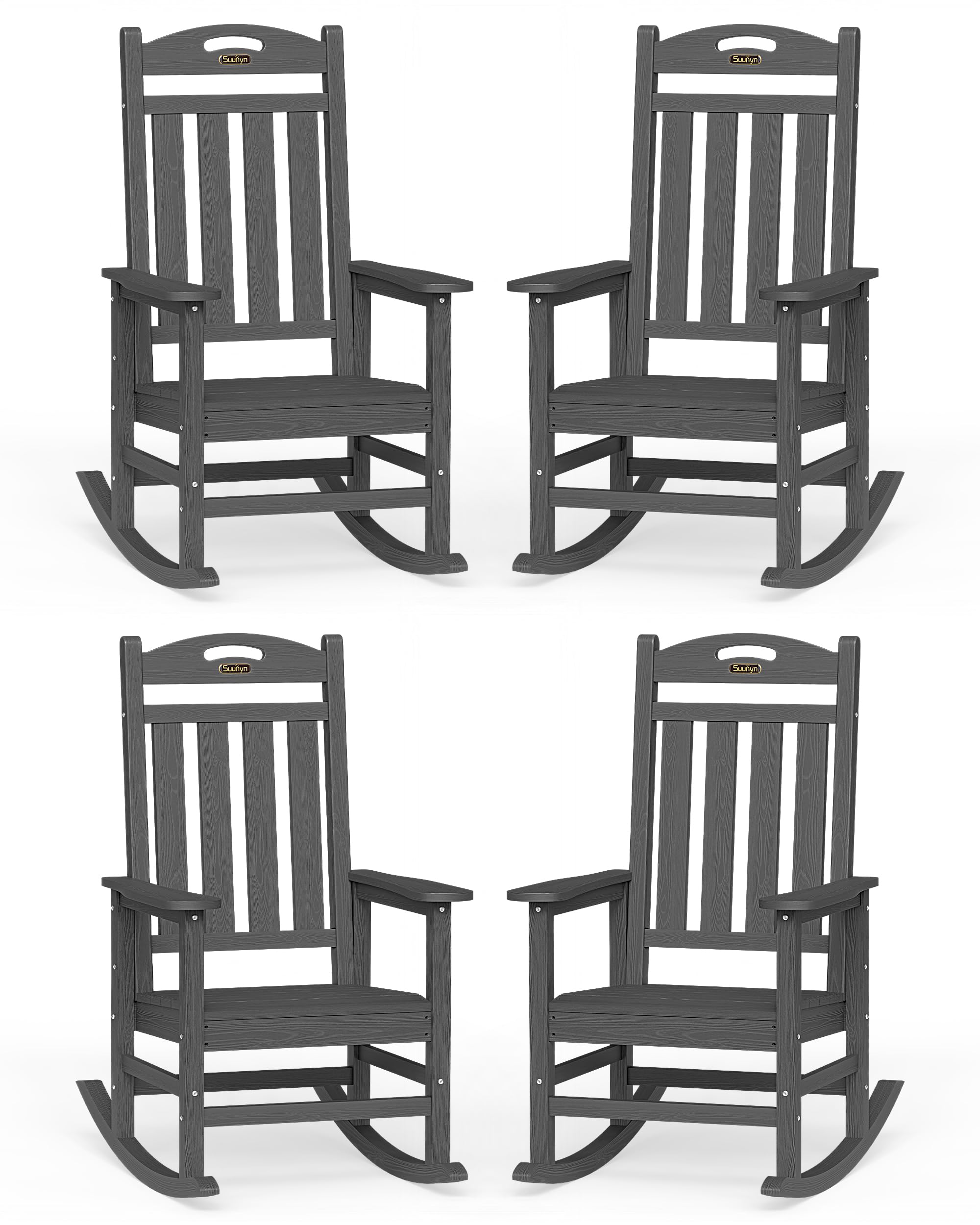 Oversized Outdoor Rocking Chair, HDPE All Weather Resistant Patio Rocking Chair, High Back Porch Rocking Chair, 380lbs Weight Capacity, Dark Grey