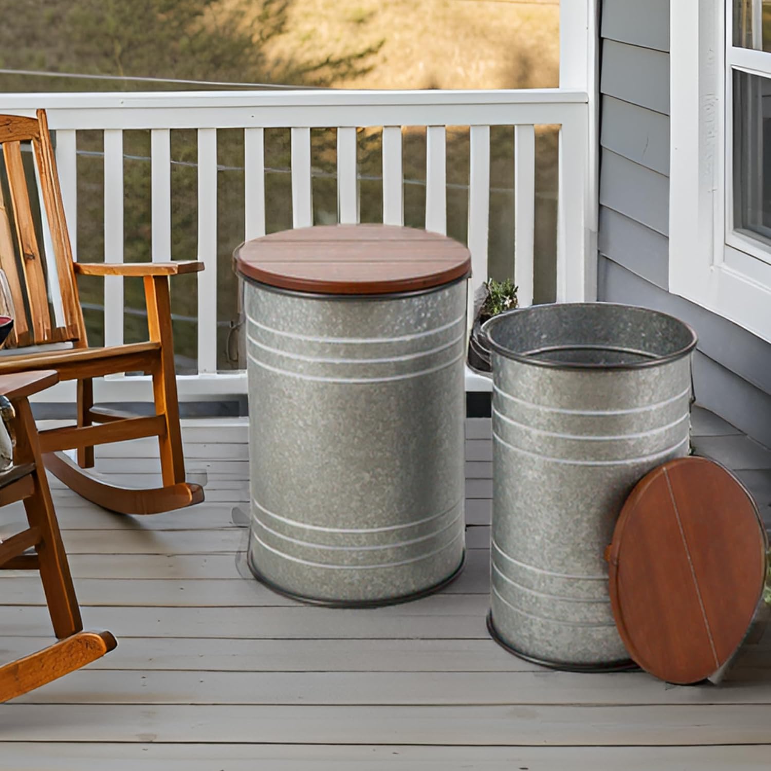 Glitzhome Rustic End Table Set of 2, Farmhouse Galvanized Metal Barrel Ottoman Storage Stool with Round Wood Lid for Living Room Furniture, Grey