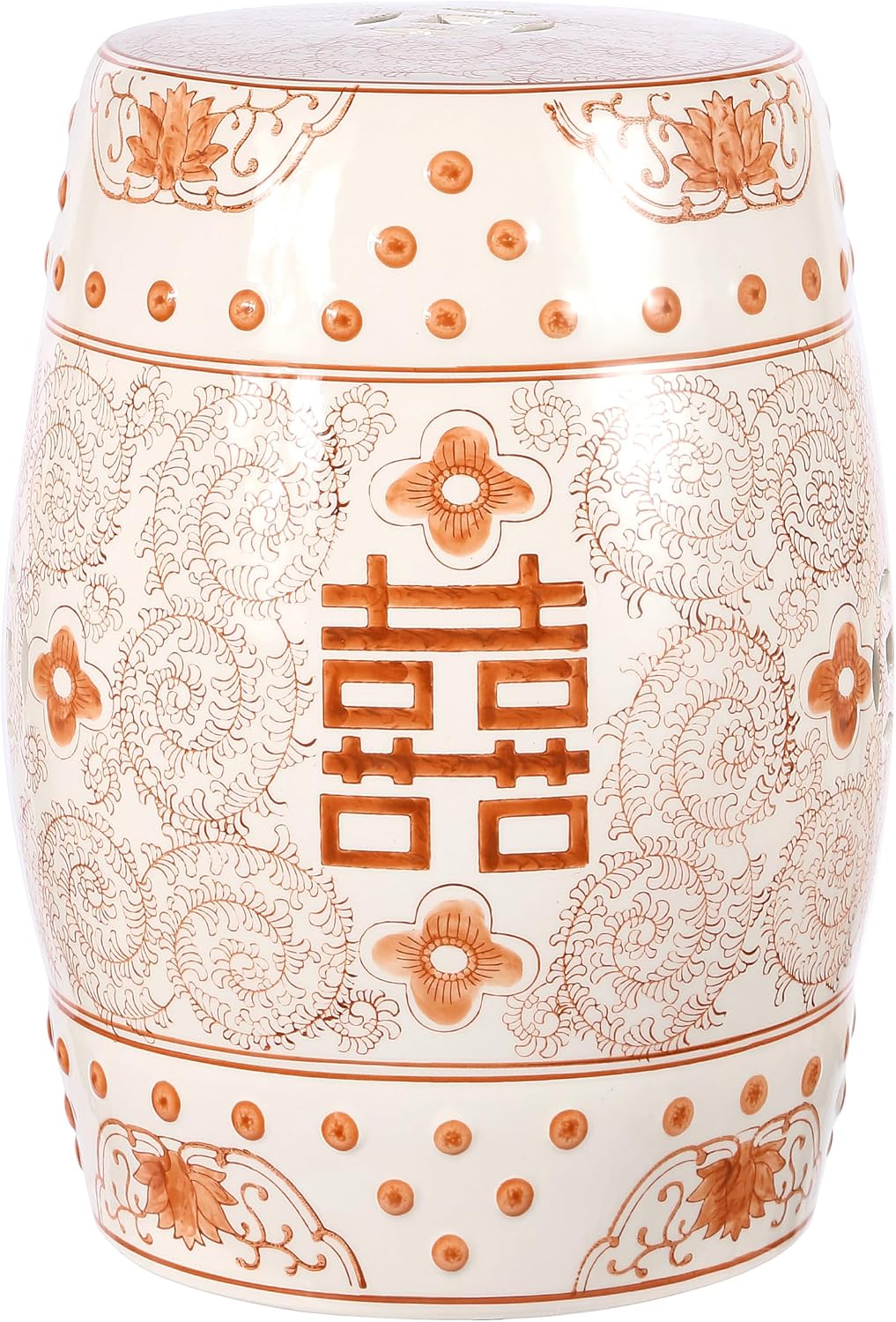 JONATHAN Y Double Happiness 18" Ceramic Garden Stool, Traditional Chinoiserie Orange and White Indoor/Outdoor Patio Drum Accent Side Table and Plant Stand TBL1013D