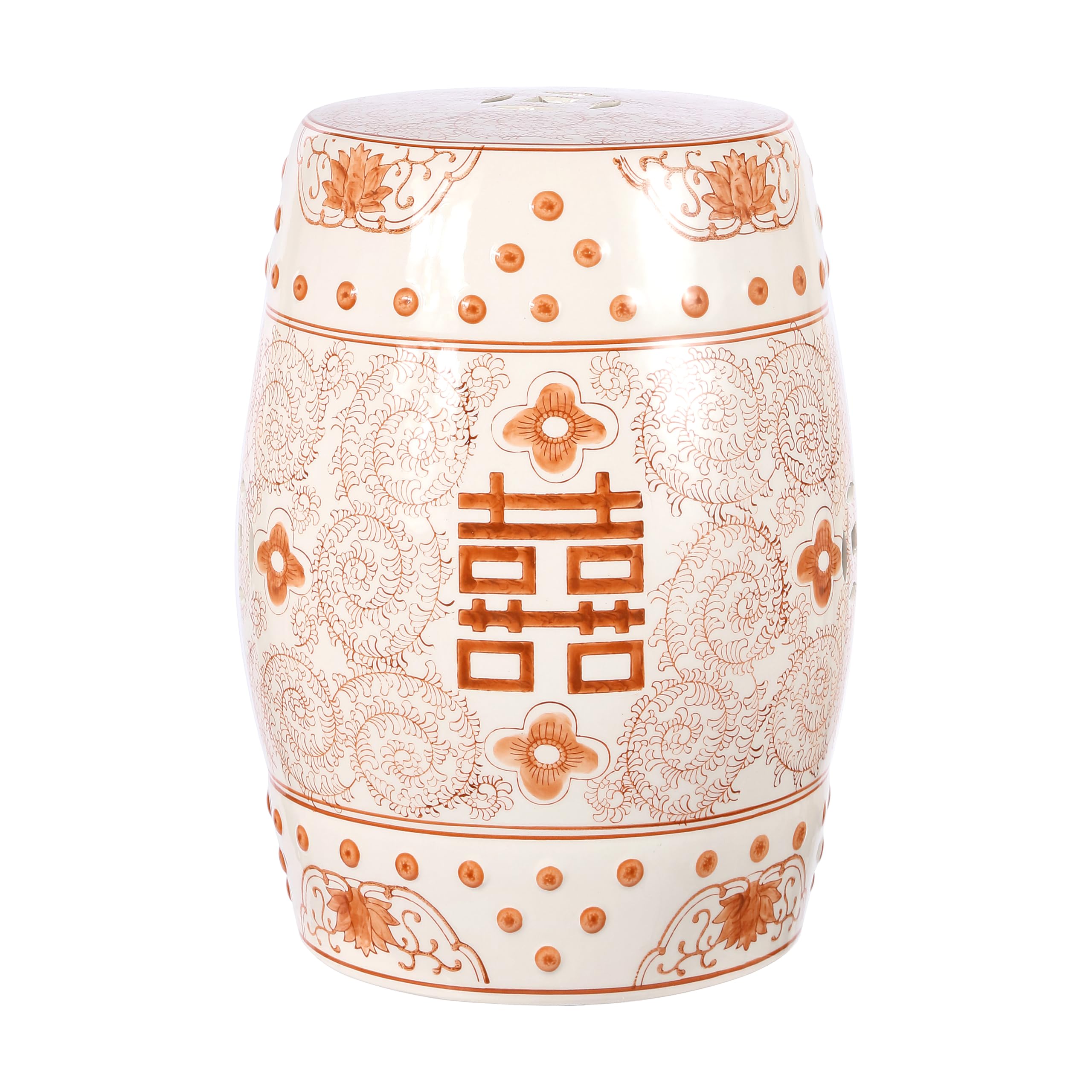 JONATHAN Y Double Happiness 18" Ceramic Garden Stool, Traditional Chinoiserie Orange and White Indoor/Outdoor Patio Drum Accent Side Table and Plant Stand TBL1013D