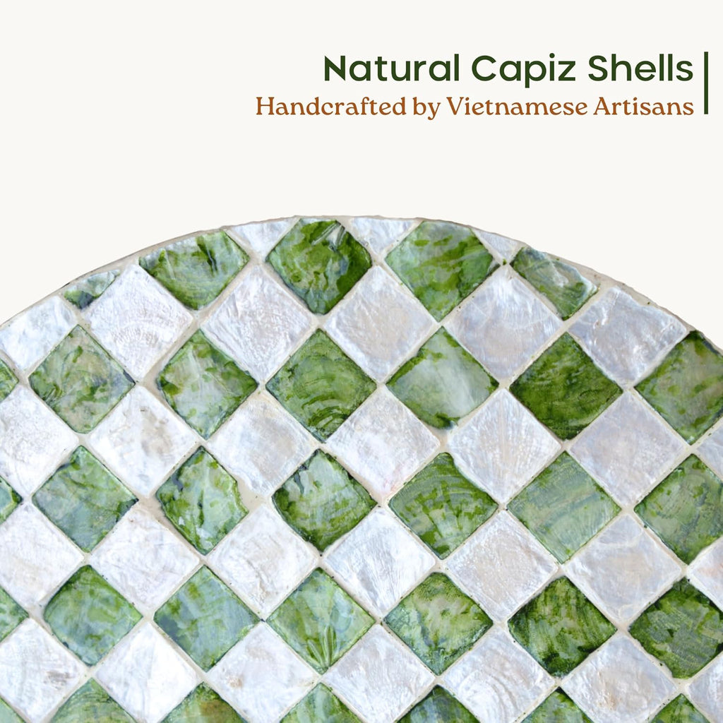 Chi An Home Pistachio Green 19.3" Checkered Capiz Shell Drum Side Table, Indoor Outdoor Round Accent Stool for Bedroom Living Room