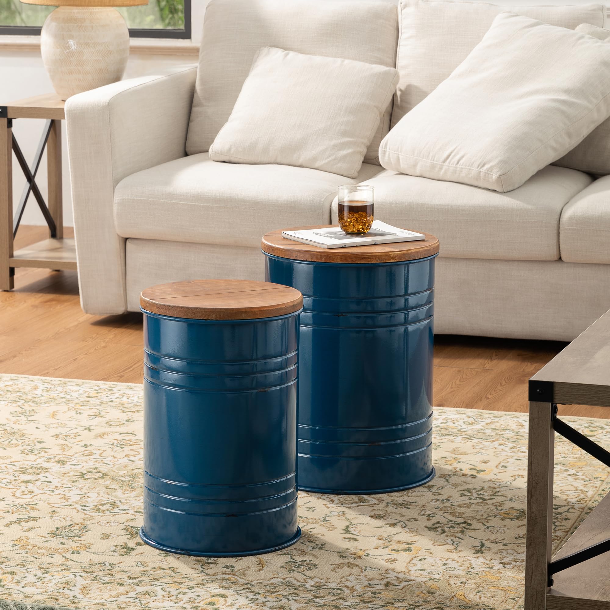 Glitzhome Rustic End Table Set of 2, Farmhouse Galvanized Metal Barrel Ottoman Storage Stool with Round Wood Lid for Living Room Furniture, Grey