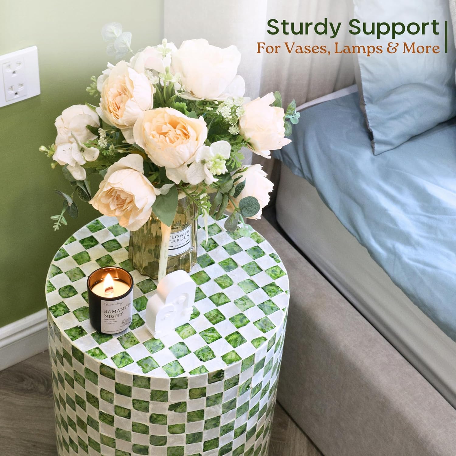 Chi An Home Pistachio Green 19.3" Checkered Capiz Shell Drum Side Table, Indoor Outdoor Round Accent Stool for Bedroom Living Room