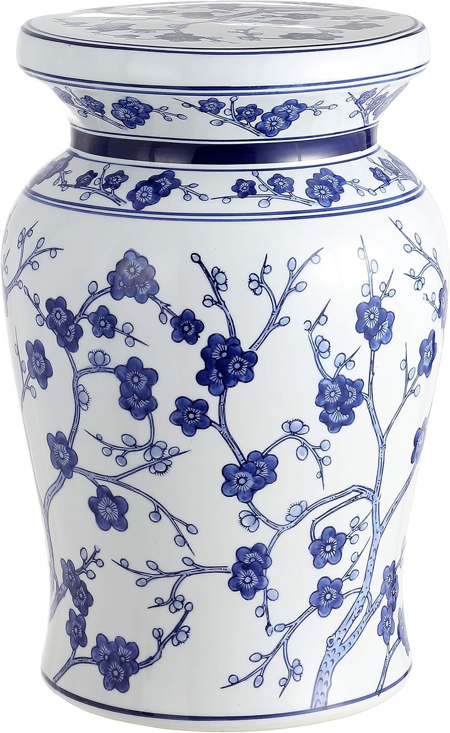 JONATHAN Y Cherry Blossom 18" Ceramic Chinoiserie Garden Stool, Traditional Floral Accent Side Table and Plant Stand for Indoor/Outdoor Garden, Patio, Living Room, Blue/White TBL1016A