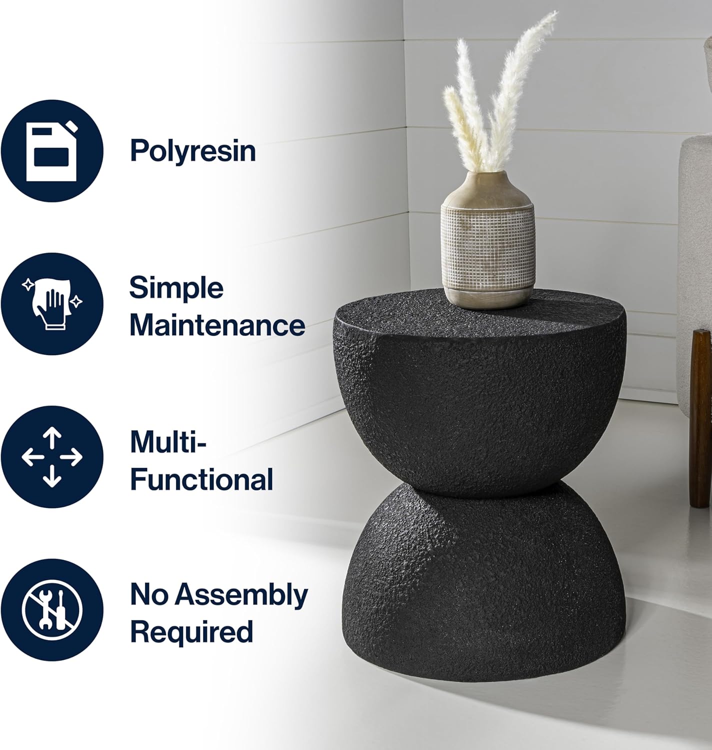 JONATHAN Y Greta Hourglass Outdoor Side Table and Stool, 18" Modern Textured All-Weather Accent End Table for Patio, Deck, or Garden, Black Frosted TBL1100B