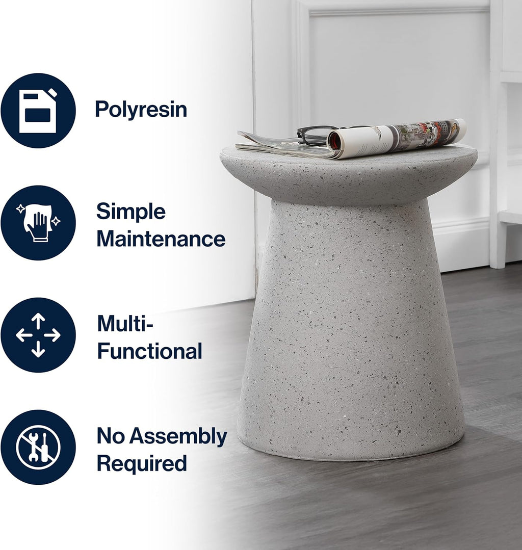 JONATHAN Y Hollie 18" Gray Terrazzo Polyresin Outdoor Side Table and Stool, All-Weather Textured Round Pedestal Accent Table for Patio, Garden, Modern Minimalist TBL1108C
