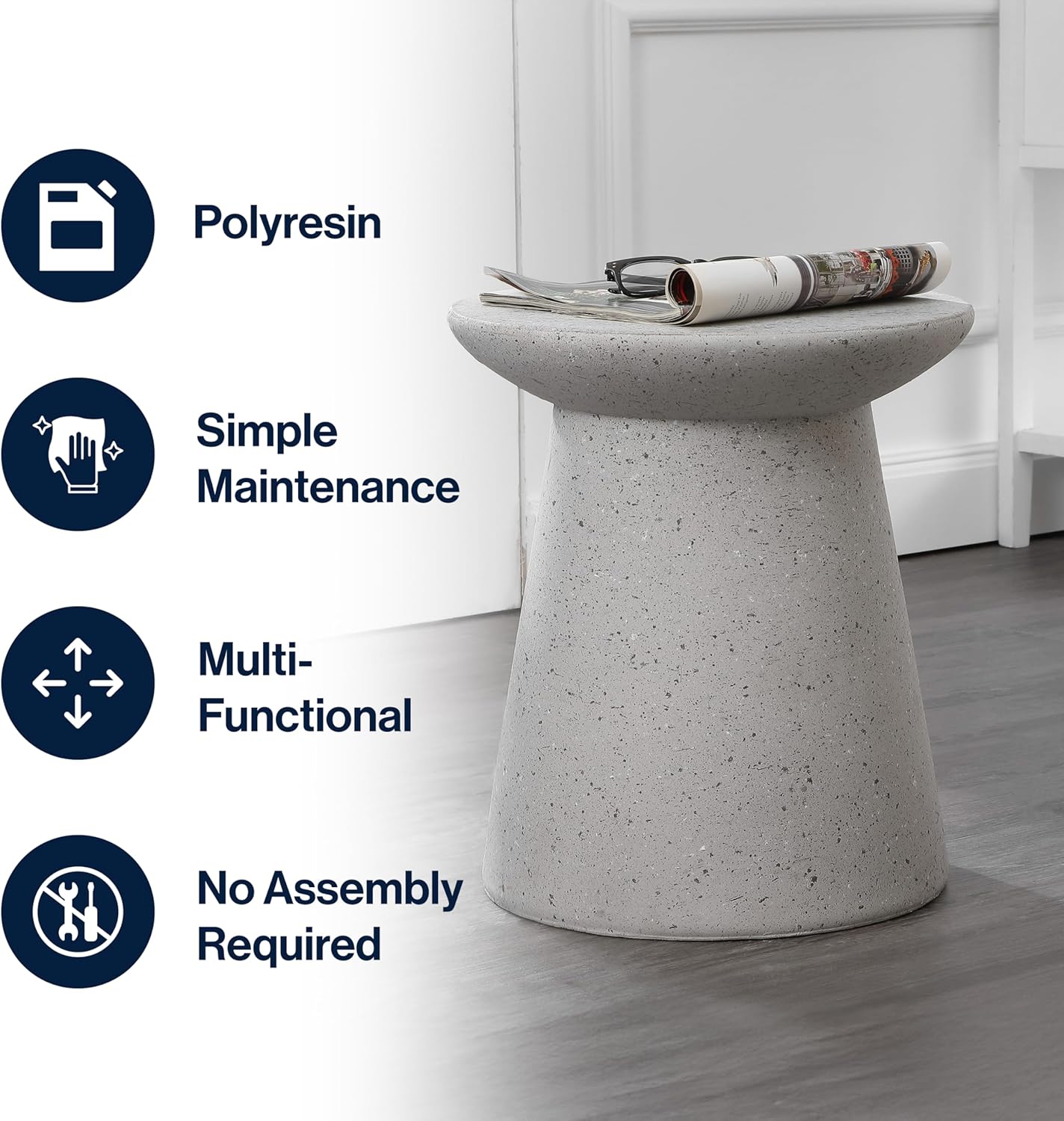JONATHAN Y Hollie 18" Gray Terrazzo Polyresin Outdoor Side Table and Stool, All-Weather Textured Round Pedestal Accent Table for Patio, Garden, Modern Minimalist TBL1108C