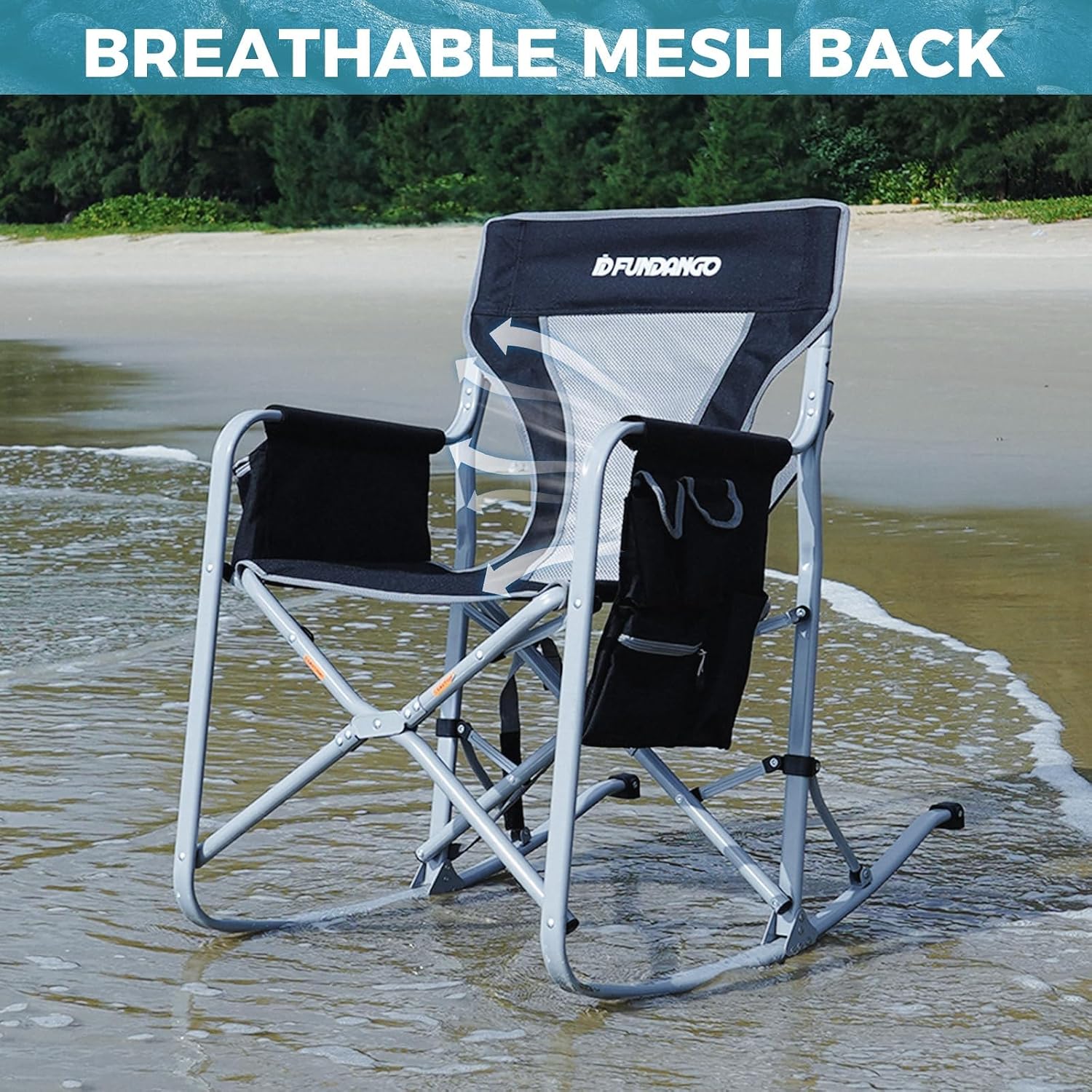 FUNDANGO Rocking Camping Chair, Set of 2, Portable Foldable Camping Chair, Oversized Camp Chair with Padded Back and seat, Cooler Bag for Adults Outdoor Travel