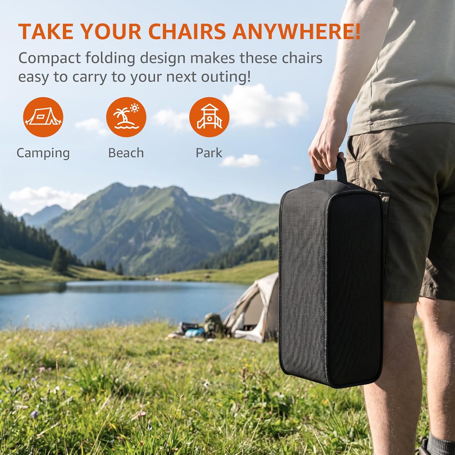Armless Rocking Camping Chair for Adults, Portable Folding Outdoor Rocker with Spring-Action Technology, Heavy Duty Mesh Camp Chair for Fishing, Tailgating & Picnic, Supports up to 500 lbs, Black