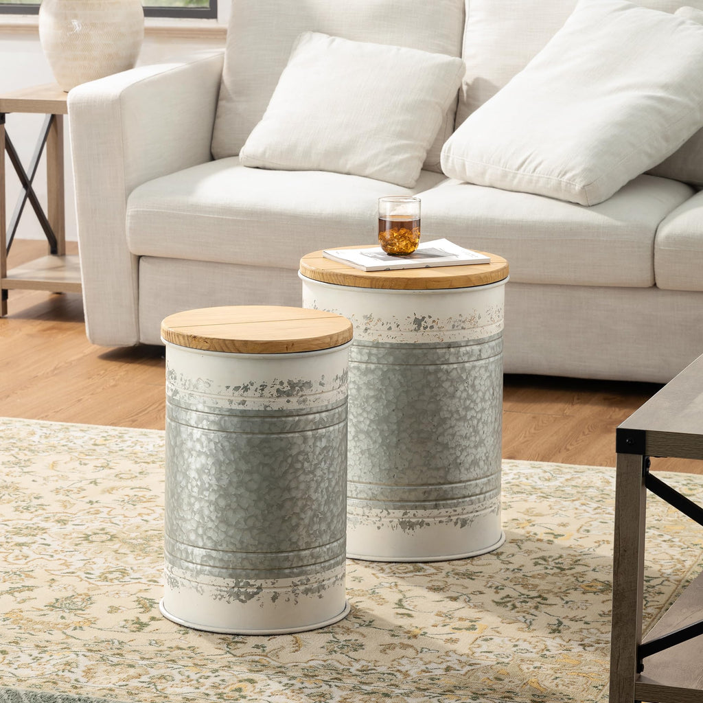 Glitzhome Rustic End Table Set of 2, Farmhouse Galvanized Metal Barrel Ottoman Storage Stool with Round Wood Lid for Living Room Furniture, Grey