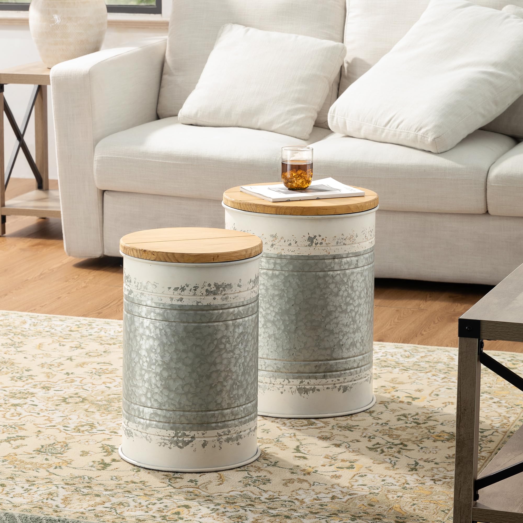 Glitzhome Rustic End Table Set of 2, Farmhouse Galvanized Metal Barrel Ottoman Storage Stool with Round Wood Lid for Living Room Furniture, Grey