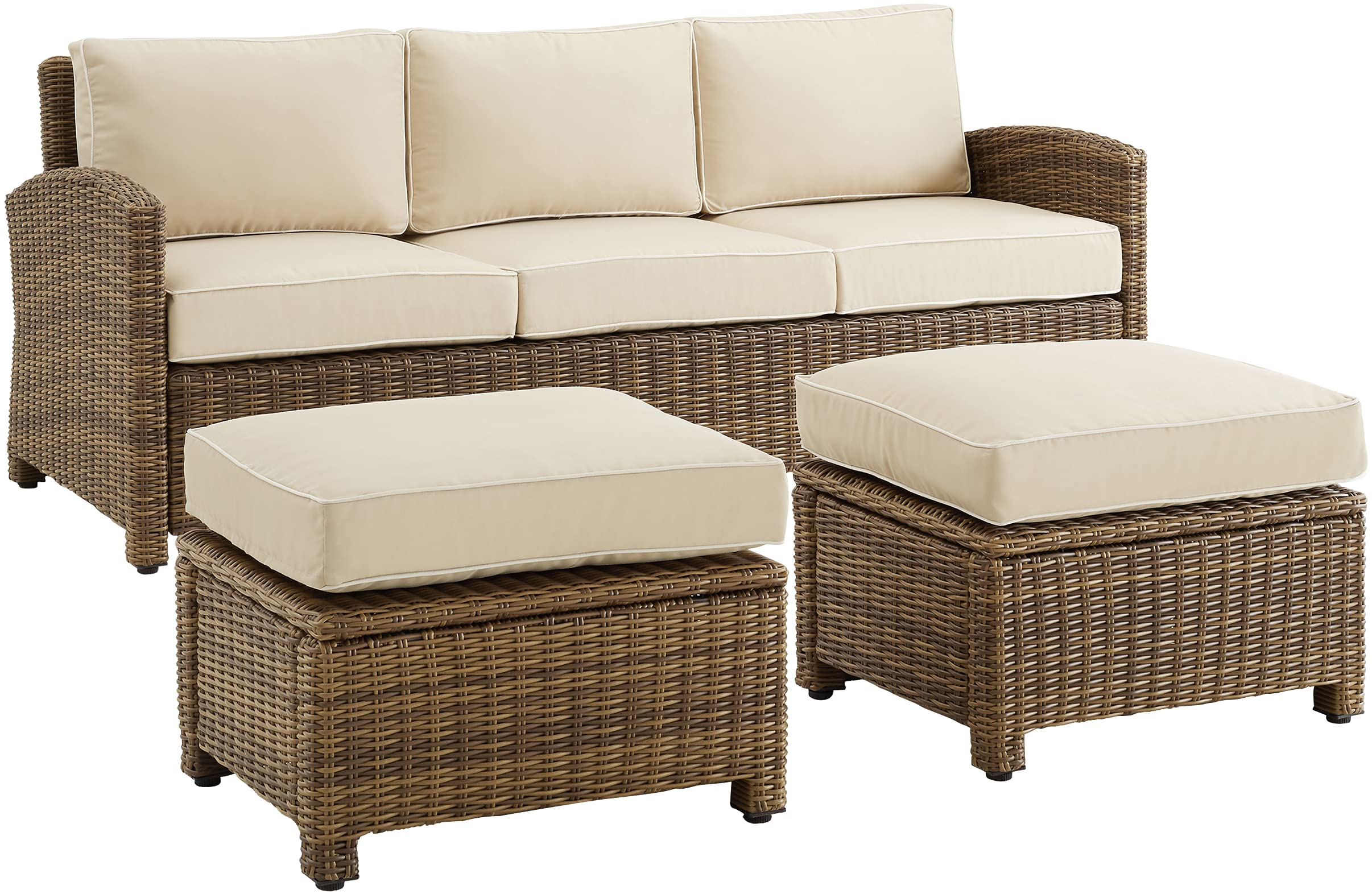 Crosley Furniture Bradenton 3-Piece Outdoor Sofa Patio Furniture Set, Wicker Conversation Sets for Porch, Brown with Navy Cushions