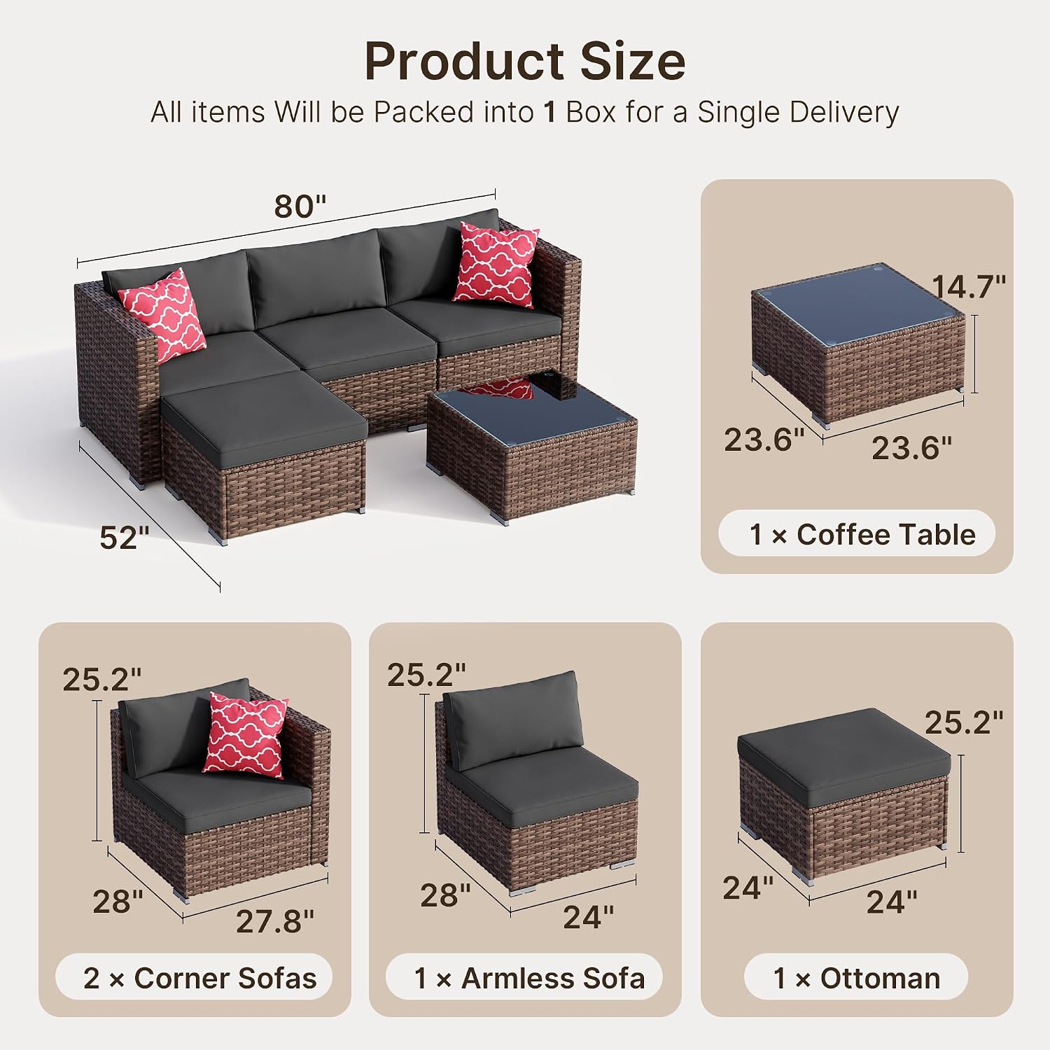 Ahomly 5 Piece Outdoor Patio Furniture Set, PE Wicker Rattan Sectional Sofa with Cushions and Glass Coffee Table, Outdoor Furniture Set for Patio Porch Deck, Black