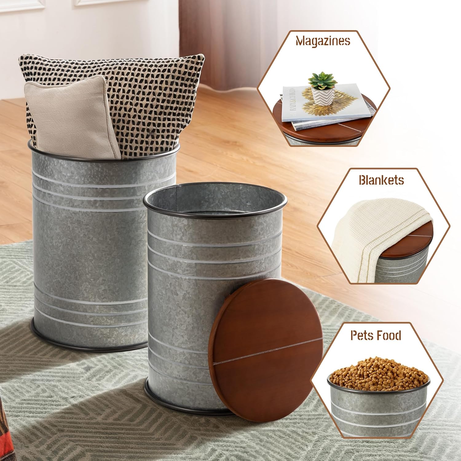 Glitzhome Rustic End Table Set of 2, Farmhouse Galvanized Metal Barrel Ottoman Storage Stool with Round Wood Lid for Living Room Furniture, Grey