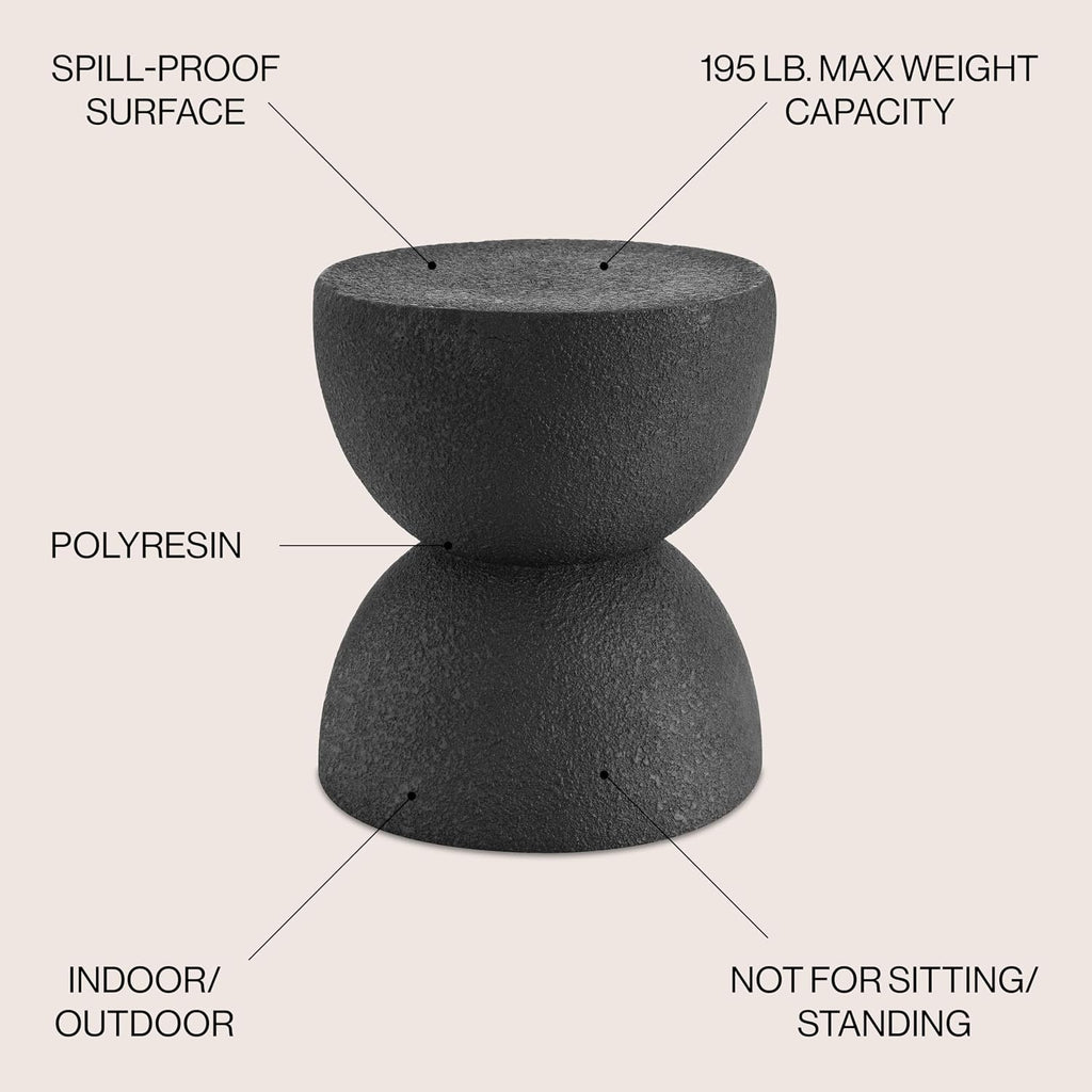 JONATHAN Y Greta Hourglass Outdoor Side Table and Stool, 18" Modern Textured All-Weather Accent End Table for Patio, Deck, or Garden, Black Frosted TBL1100B