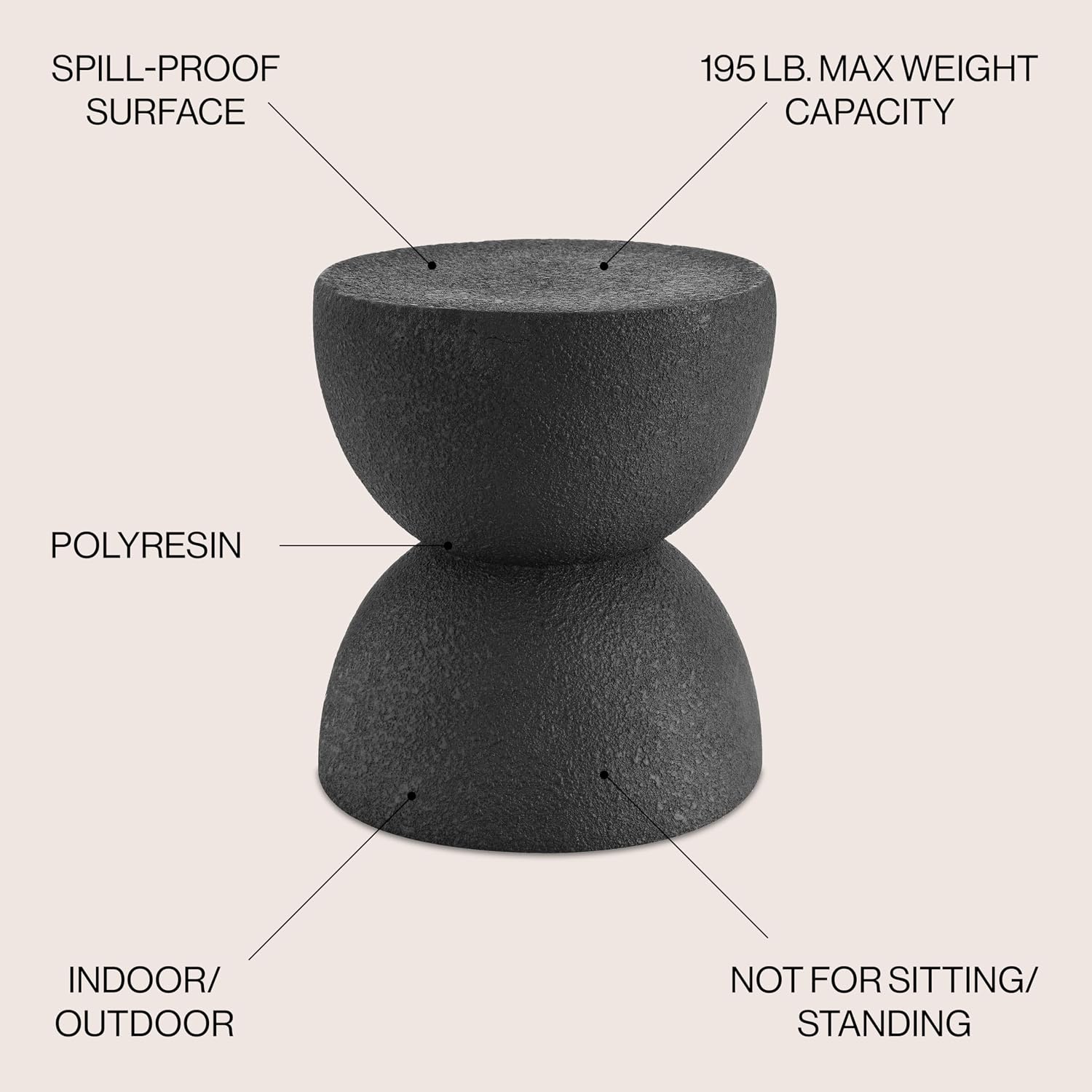 JONATHAN Y Greta Hourglass Outdoor Side Table and Stool, 18" Modern Textured All-Weather Accent End Table for Patio, Deck, or Garden, Black Frosted TBL1100B