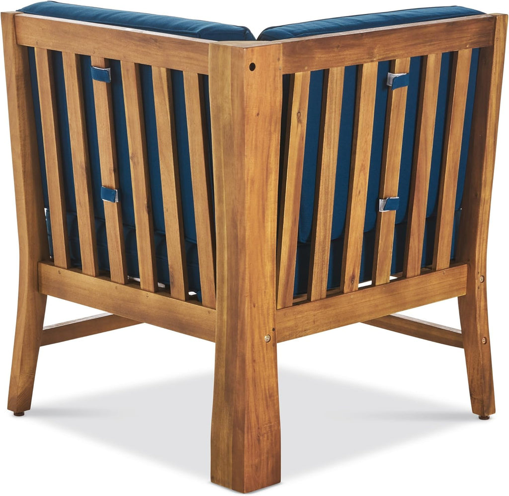 Christopher Knight Home Perla Outdoor Acacia Wood Sofa Set with Water Resistant Cushions, 7-Pcs Set, Teak Finish / Blue