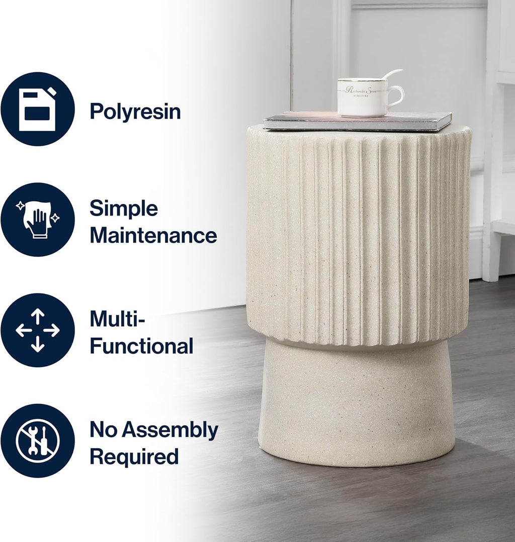 JONATHAN Y Louisa 19" Fluted Outdoor Accent Table, All-Weather Cream Terrazzo Pedestal Garden Stool, Small Round Side Table for Patio, Porch, and Living Room TBL1102B