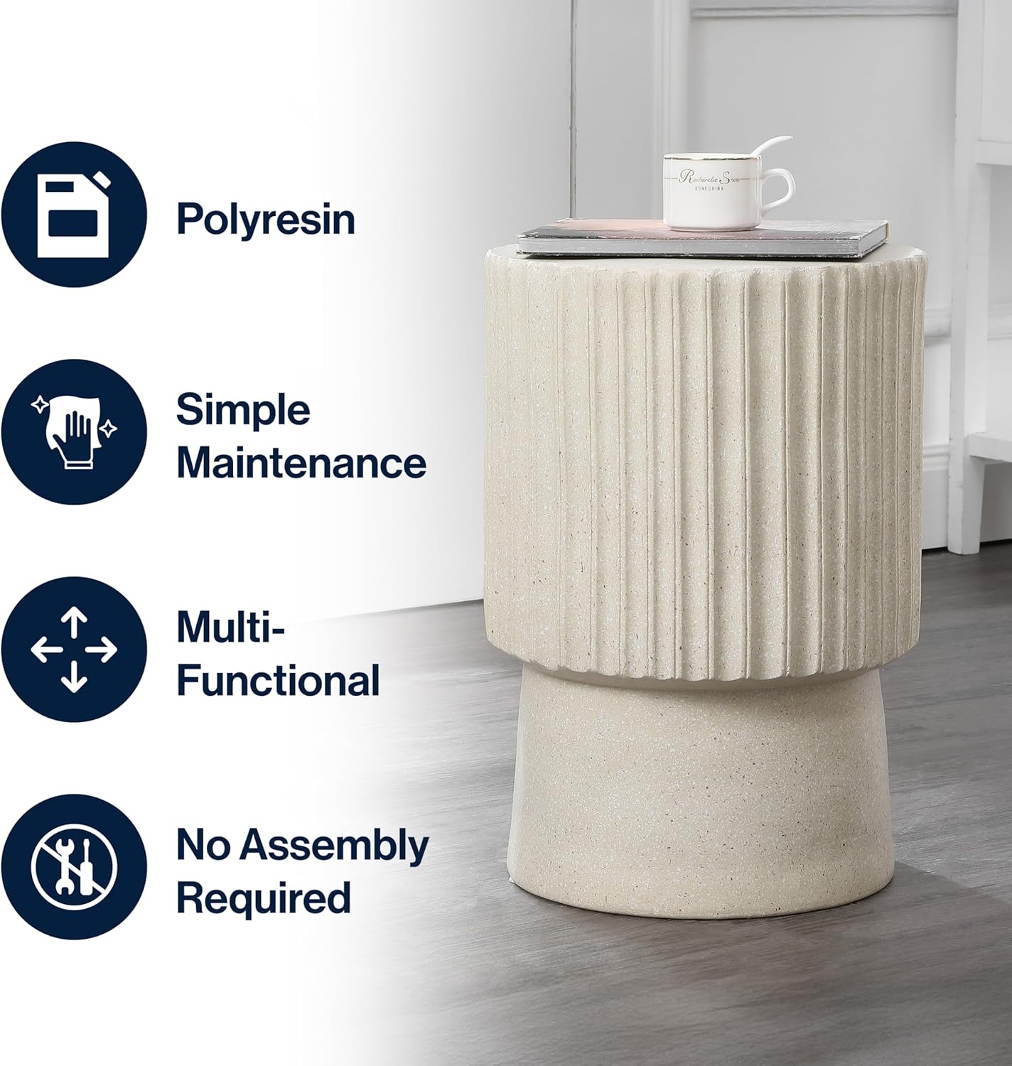 JONATHAN Y Louisa 19" Fluted Outdoor Accent Table, All-Weather Cream Terrazzo Pedestal Garden Stool, Small Round Side Table for Patio, Porch, and Living Room TBL1102B