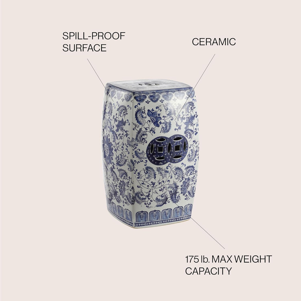 JONATHAN Y Floral Vine 18.5" Chinoiserie Ceramic Drum Indoor/Outdoor Garden Stool, Traditional, Side Table, Plant Stand, for Patio, Living Room, Blue/White TBL1011A