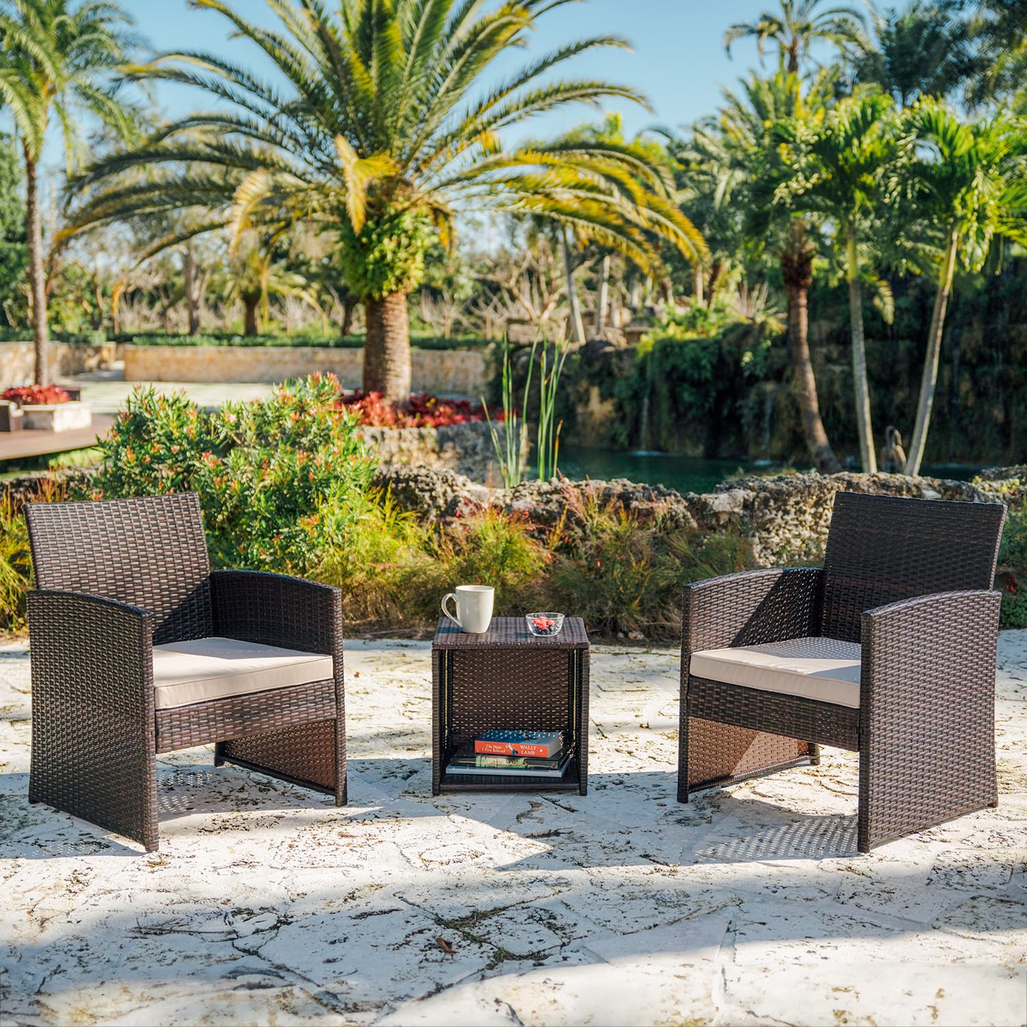 Nestl Wicker Patio Furniture Set - 3 Piece Bistro Table and Chairs Set of 2, Front Porch Furniture Set, Patio Chairs Set of 2, Outdoor Patio Set, Patio Conversation Sets (Grey/Navy)