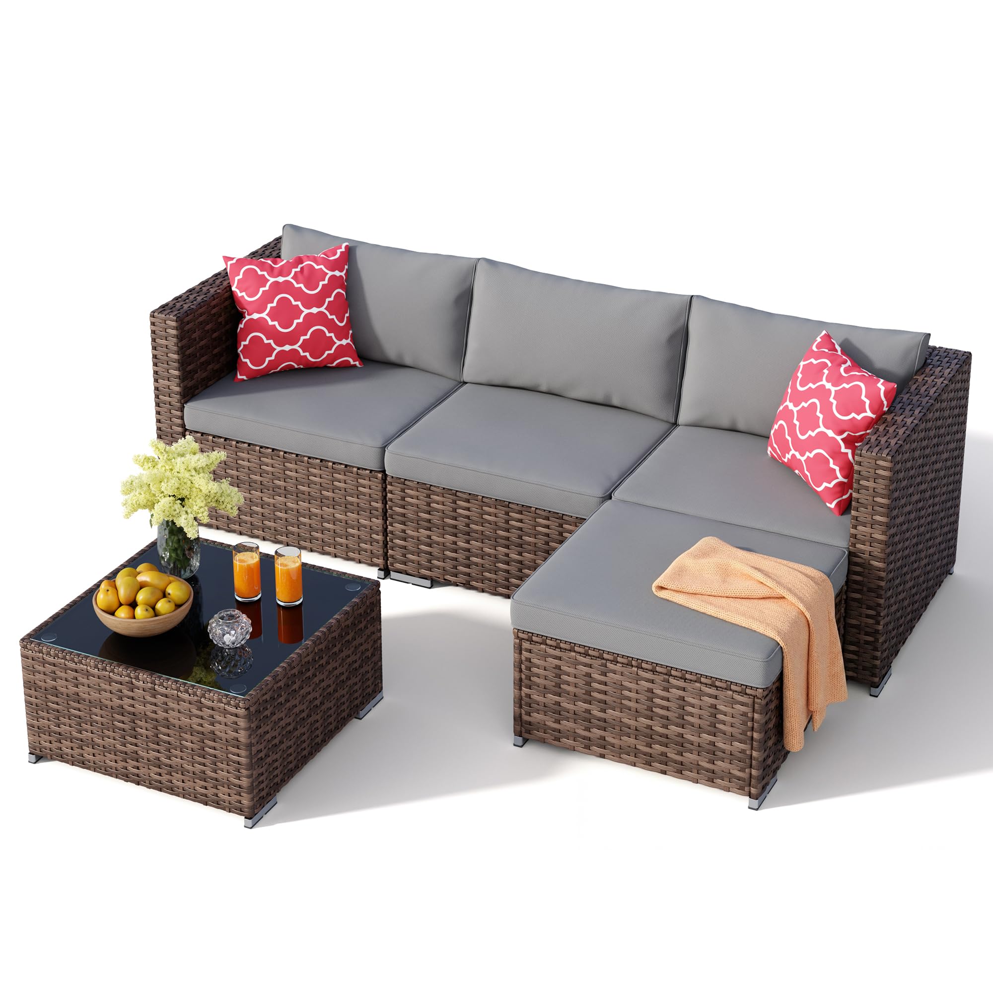 Ahomly 5 Piece Outdoor Patio Furniture Set, PE Wicker Rattan Sectional Sofa with Cushions and Glass Coffee Table, Outdoor Furniture Set for Patio Porch Deck, Black