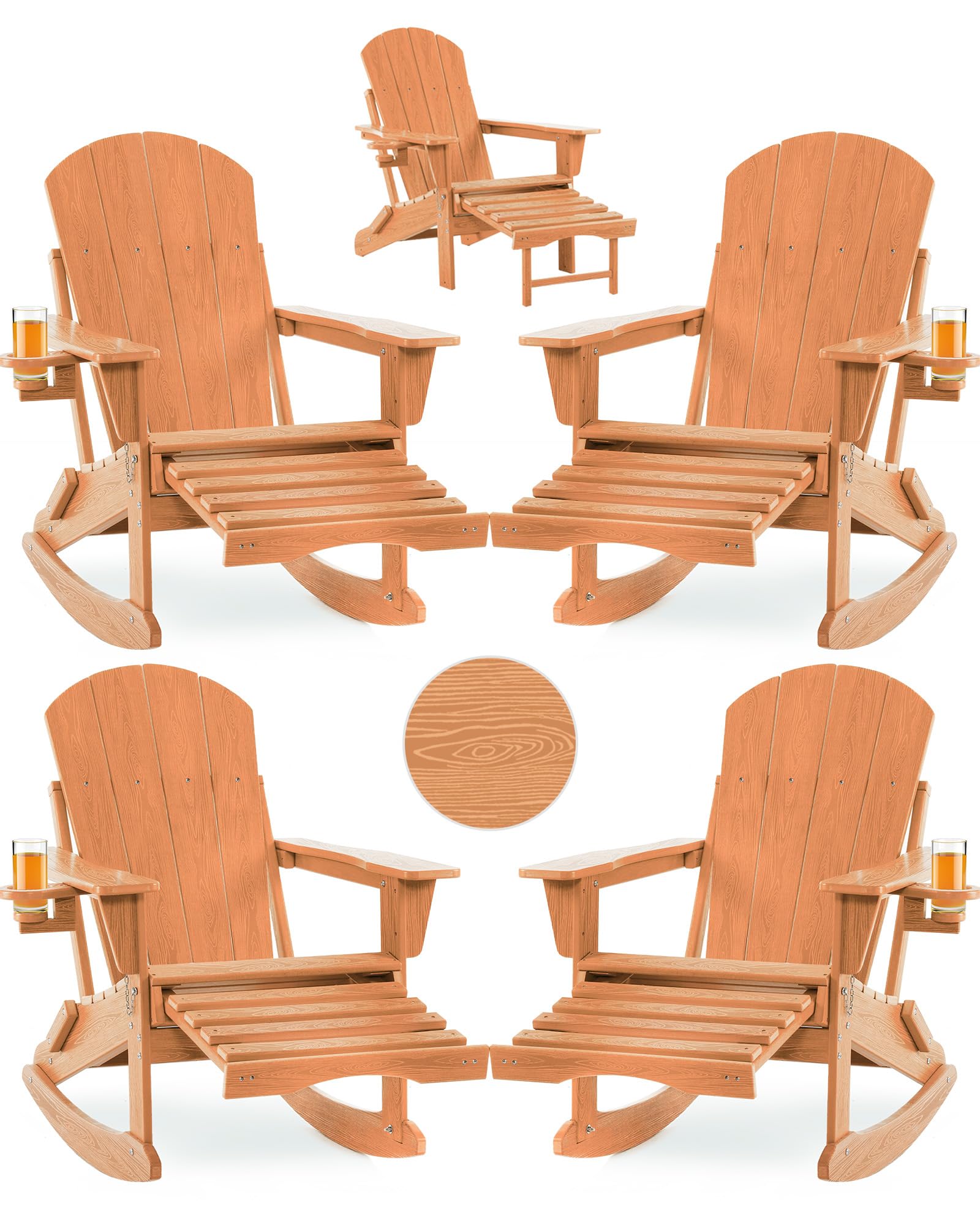 Folding Adirondack Rocking Chair,4-in-1 Multifunctional Patio Chair with Retractable Ottoman, Outdoor Chair Wood Texture, Lawn Chair for Porch, Backyard, Pool(Grey)