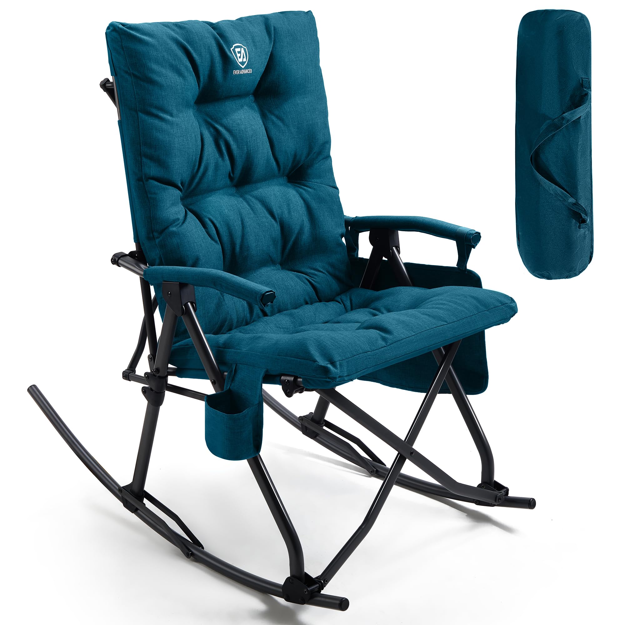 Green Oversized Folding Padded Rocking Camping Chair, 400lbs Heavy Duty Outdoor Patio Rocker