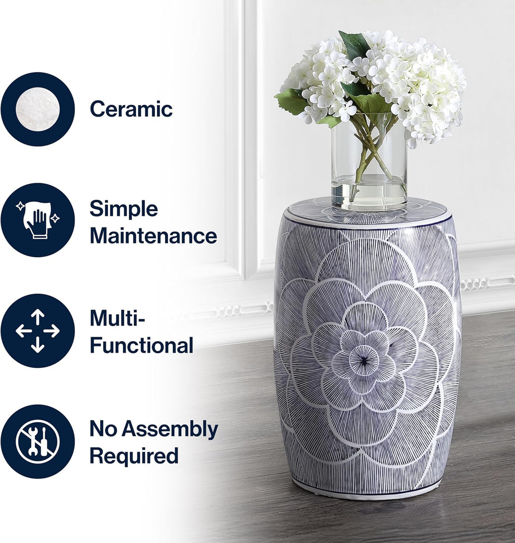 JONATHAN Y Camellia 17" Ceramic Drum Garden Stool, Traditional Blue Floral Chinoiserie Indoor/Outdoor Patio Side Table, Pierced Accent Seat, Plant Stand, Coastal, Blue/White TBL1005A