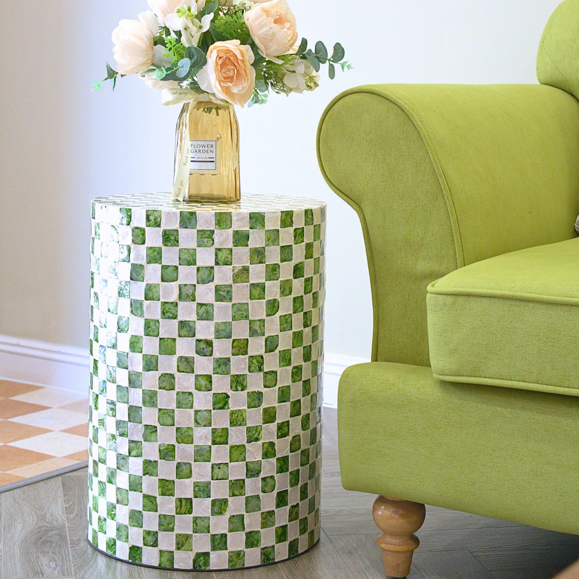 Chi An Home Pistachio Green 19.3" Checkered Capiz Shell Drum Side Table, Indoor Outdoor Round Accent Stool for Bedroom Living Room