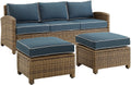 Crosley Furniture Bradenton 3-Piece Outdoor Sofa Patio Furniture Set, Wicker Conversation Sets for Porch, Brown with Navy Cushions