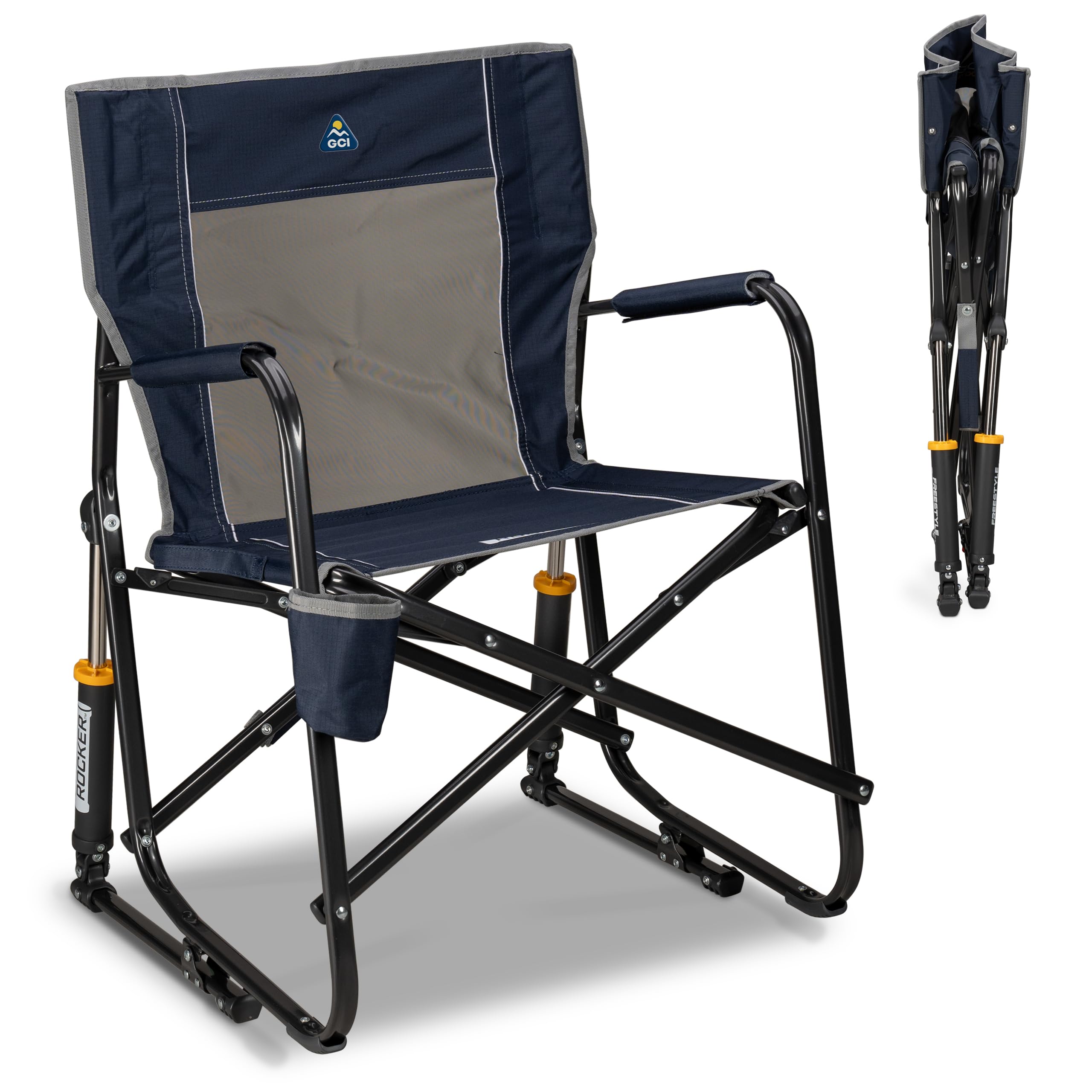GCI OUTDOOR Freestyle Rocker XL with Side Table Camping Chair | Portable Folding Rocking Chair with Solid, Durable Armrests, Drink Holder & Comfortable Backrest — Red