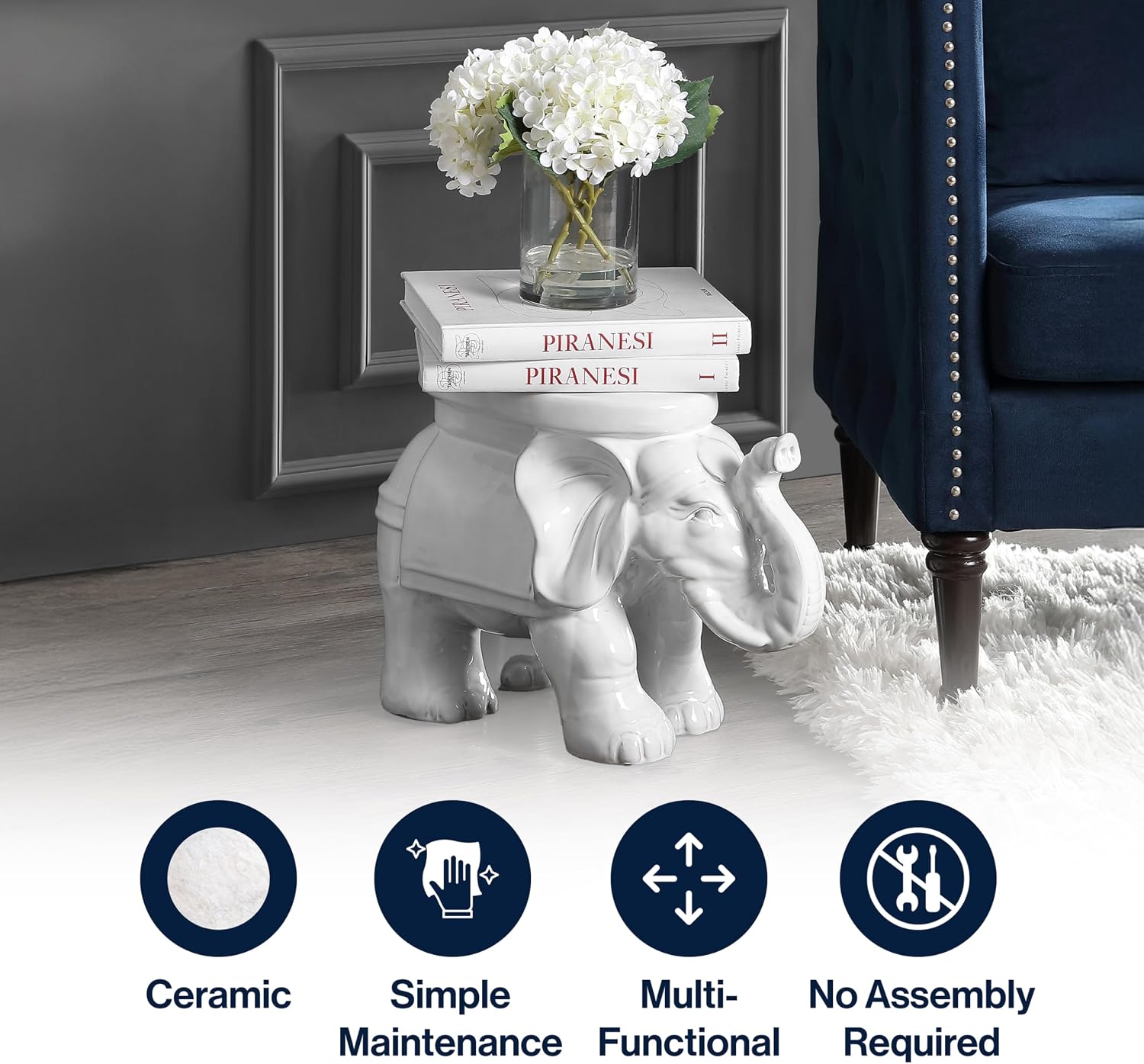 JONATHAN Y White Elephant 14.25" Glazed Ceramic Elephant Garden Stool, Weather-Resistant Indoor/Outdoor Patio Side Table and Plant Stand, Bohemian, Antique White TBL1007A