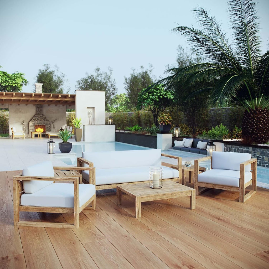 Modway Upland Teak Wood Outdoor Patio 6-Piece Sectional Sofa Set with Cushions in Natural White