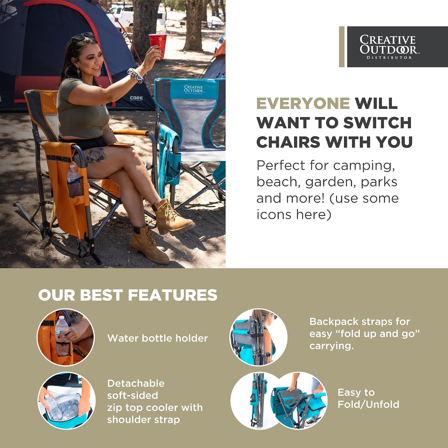 Creative Outdoor Collapsible Folding Rocking Director Chair | Camping Picnic Beach & Patio