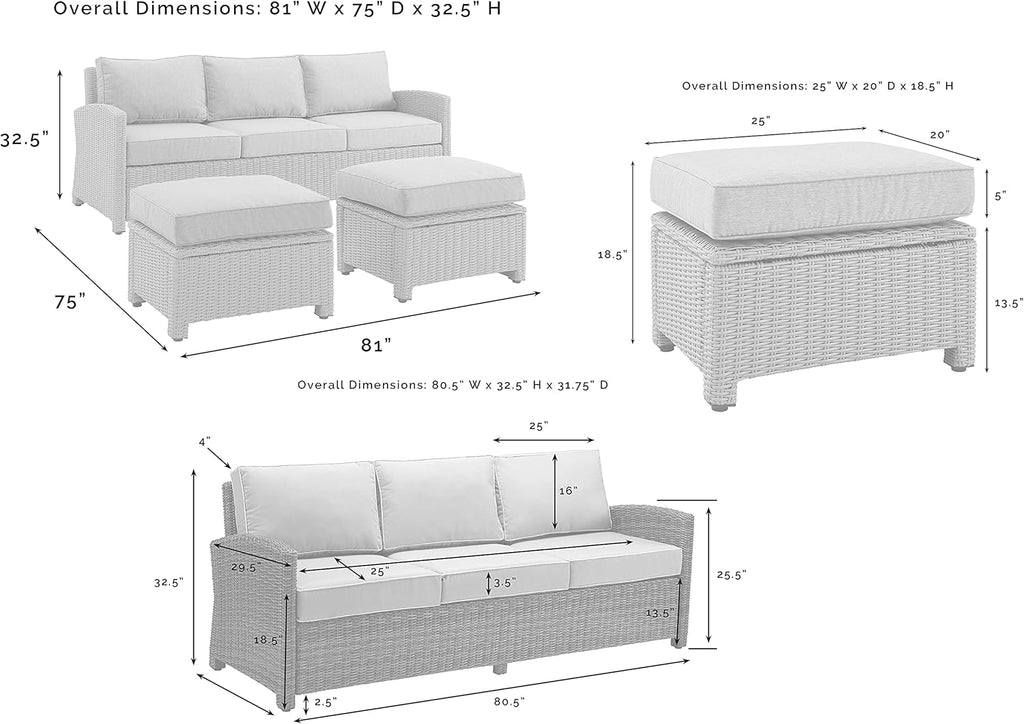 Crosley Furniture Bradenton 3-Piece Outdoor Sofa Patio Furniture Set, Wicker Conversation Sets for Porch, Brown with Navy Cushions