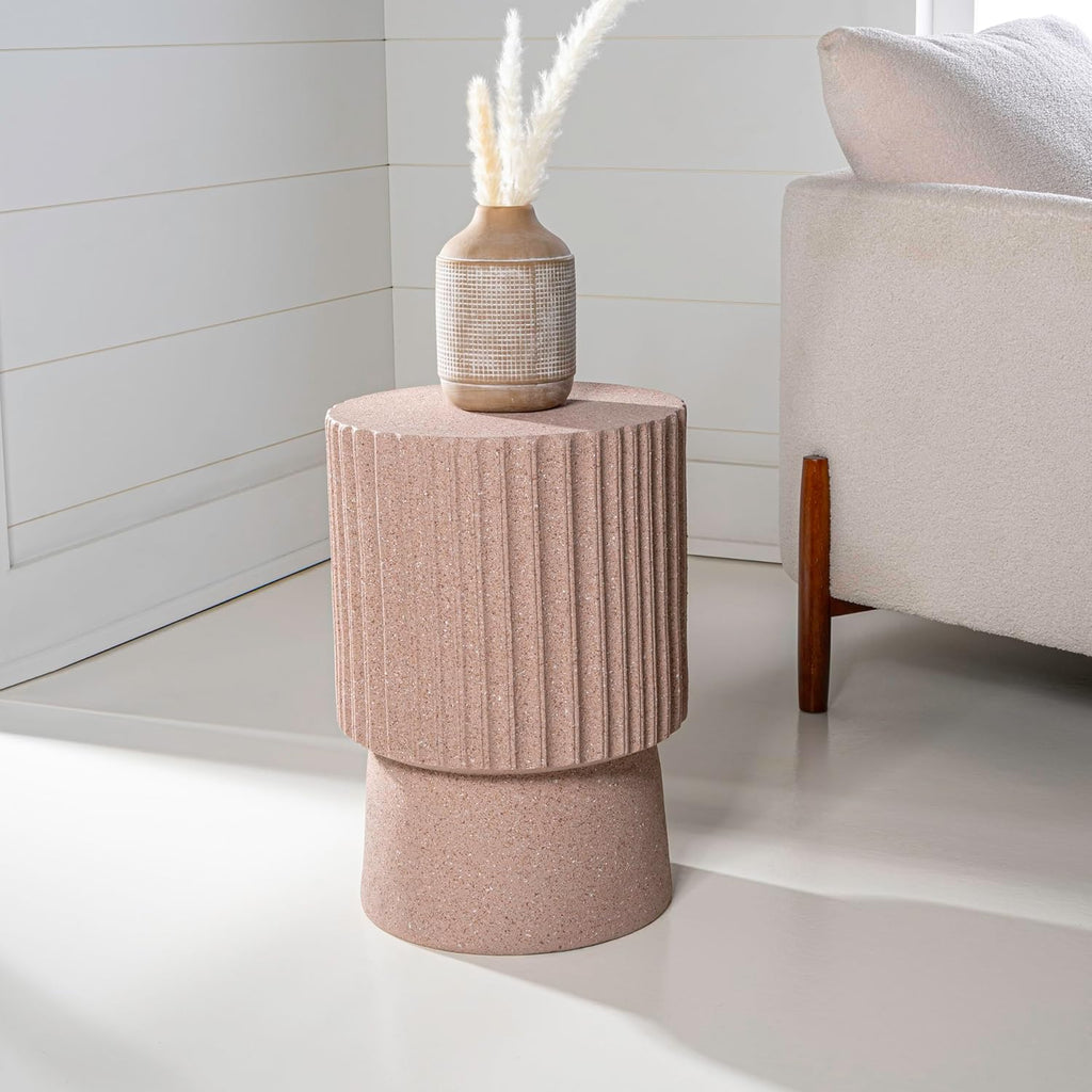 JONATHAN Y Louisa 19" Fluted Outdoor Accent Table, All-Weather Pink Terrazzo Pedestal Garden Stool, Small Round Side Table for Patio, Porch, and Living Room TBL1102C