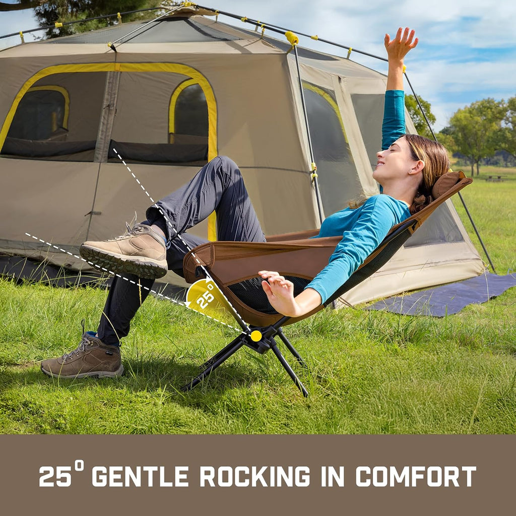 FanttikOutdoor Zeta L8 Max Camping Chair, Portable & Lightweight, Comfort-Driven Foldable Rocking Chair with Carry Bag for Camping, Hiking, Patio, Fishing, Support up to 250 lbs, Brown