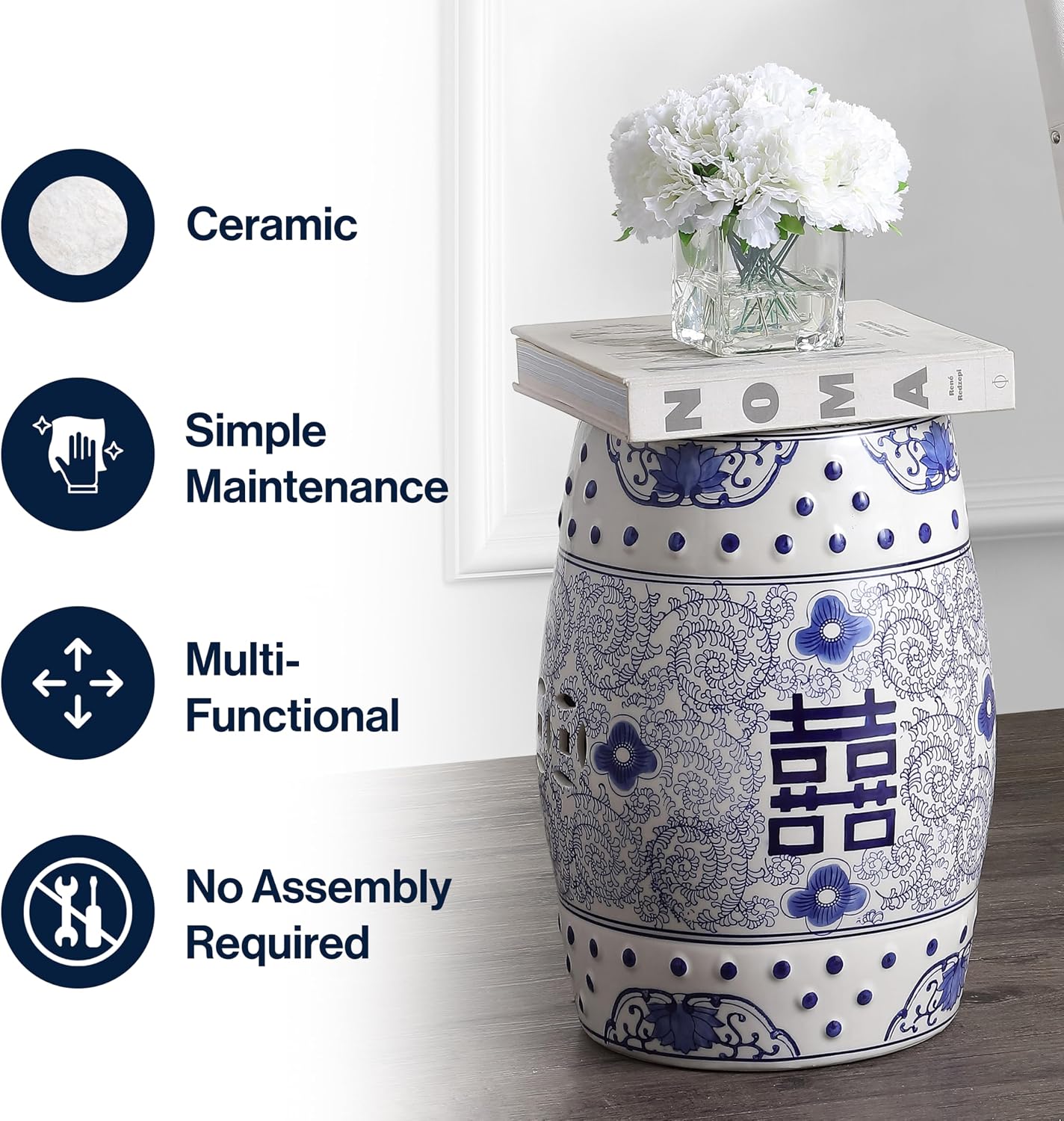 JONATHAN Y Double Happiness 18" Ceramic Garden Stool, Traditional Chinoiserie Blue and White Indoor/Outdoor Patio Drum Accent Side Table and Plant Stand TBL1013A