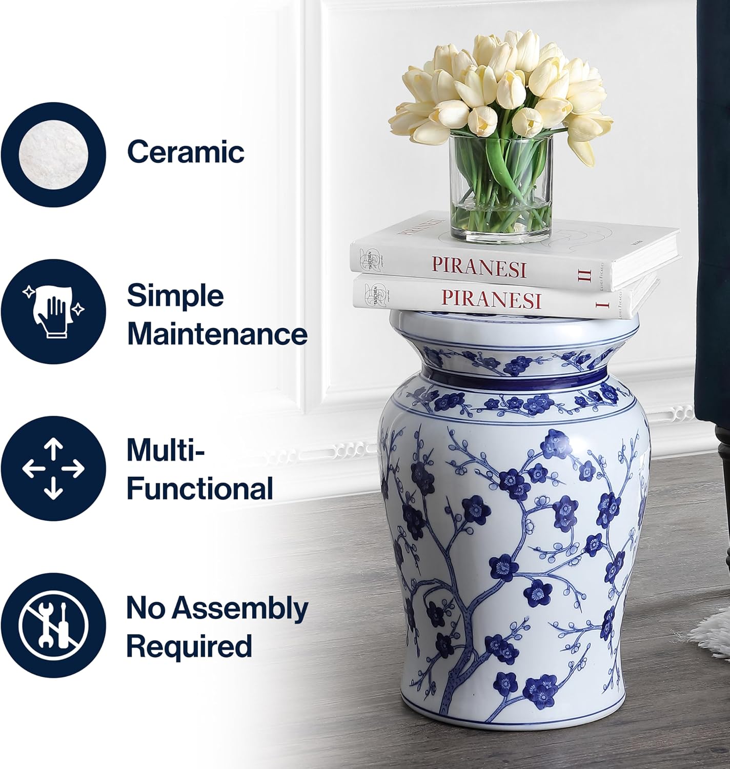 JONATHAN Y Cherry Blossom 18" Ceramic Chinoiserie Garden Stool, Traditional Floral Accent Side Table and Plant Stand for Indoor/Outdoor Garden, Patio, Living Room, Blue/White TBL1016A