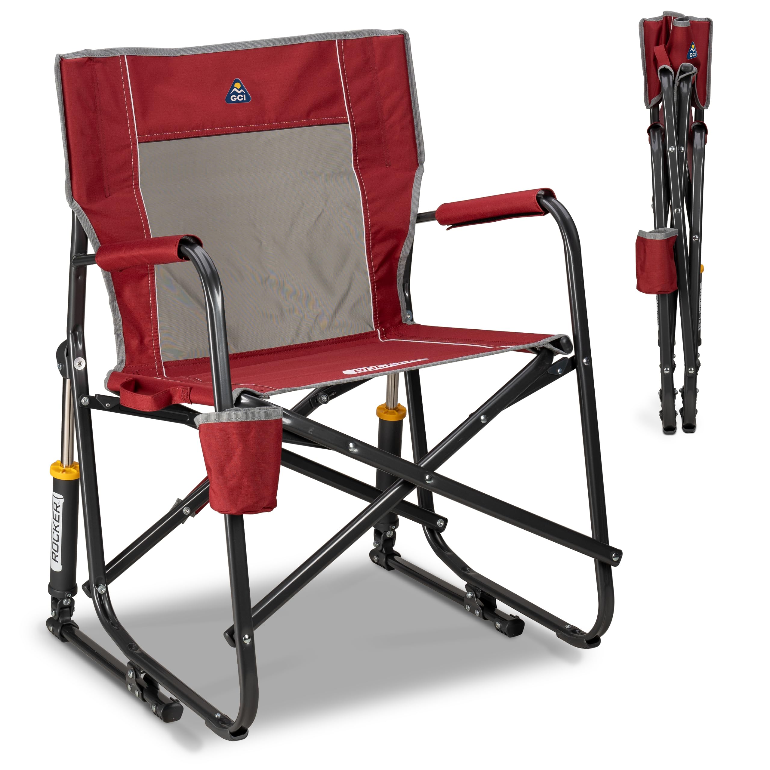 GCI OUTDOOR Freestyle Rocker XL with Side Table Camping Chair | Portable Folding Rocking Chair with Solid, Durable Armrests, Drink Holder & Comfortable Backrest — Red