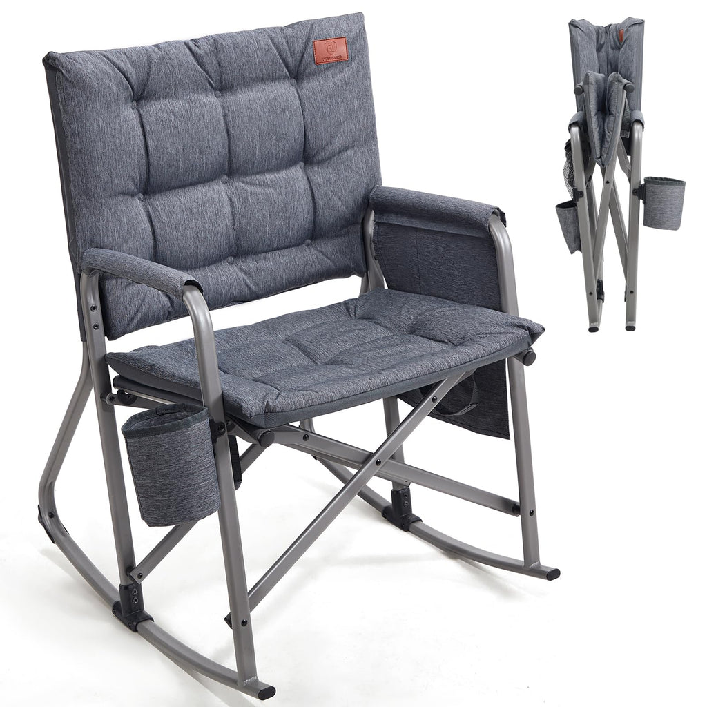 EVER ADVANCED Lightweight Folding Rocking Camping Chair, Padded Portable Rocker Chair for Patio, Lawn and Outdoors, Heavy Duty Hard Armchair for Adults, Grey